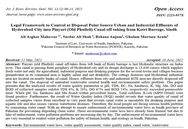 Legal Framework to Control at Disposal Point Source Urban and Industrial Effluents Sindh